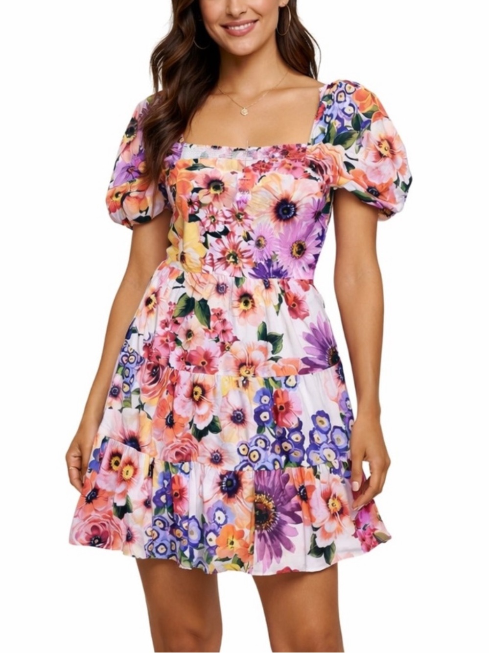 Express Pink Multi Floral Tiered Puff-Sleeve Mini Dress